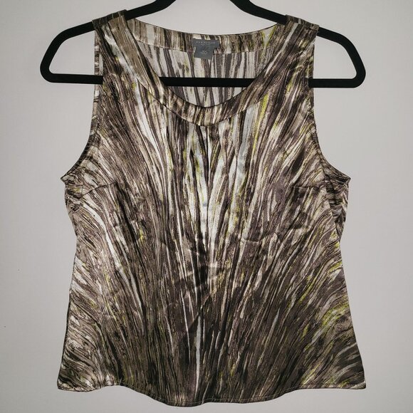 ANN TAYLOR | 100% Silk Sleeveless Brown Light Green Silver & Black Blouse - Picture 2 of 6